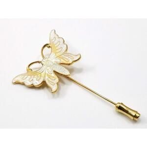 Vintage White Enamel Butterfly Stick Pin Gold Tone Scarf Brooch